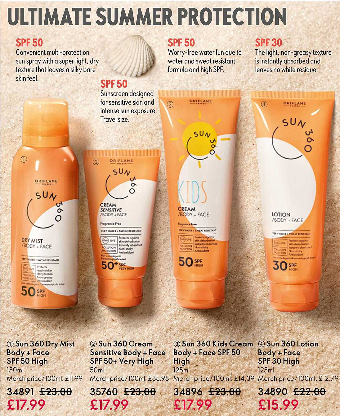 sun 360 dry mist body + face spf 50 high, sun 360 cream sensitive body + face spf 50+ very high, sun 360 kids cream body + face spf 50 high, sun 360 lotion body + face spf 30 high