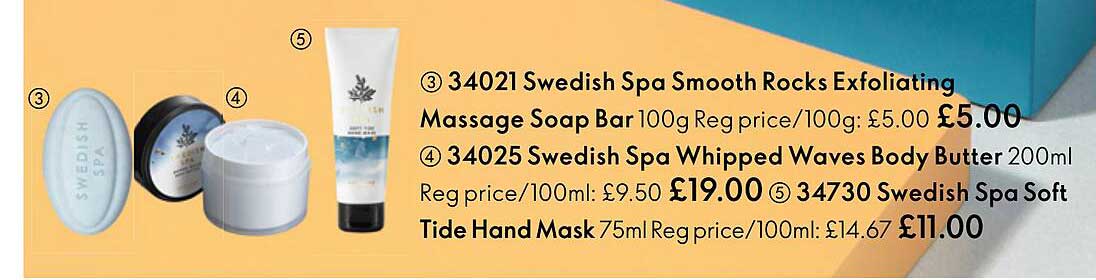swedish spa smooth rocks exfoliating massage soap bar, swedish spa whipped waves body butter, swedish spa soft tide hand mask