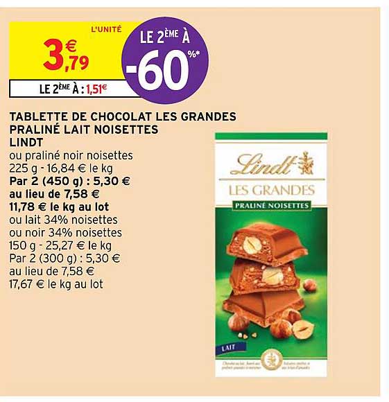 tablette de chocolat les grandes praliné lait noisettes lindt