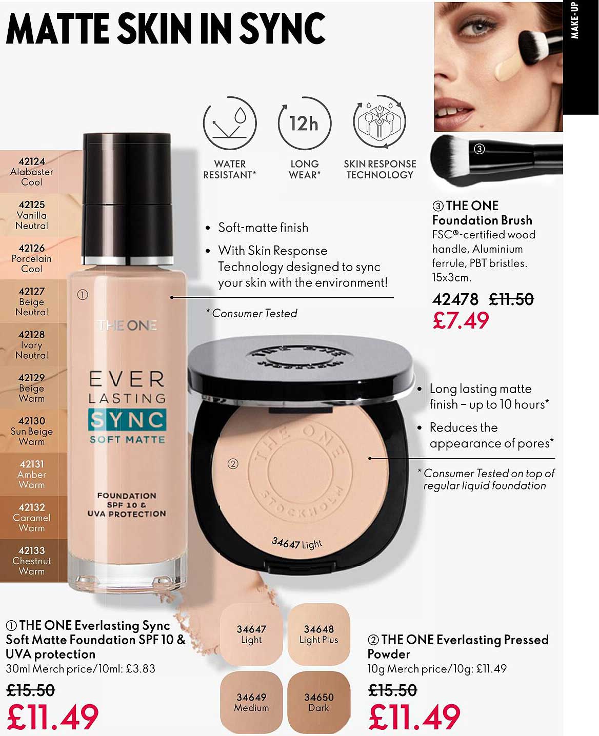 the one everlasting sync soft matte foundation spf 10 & uva protection, the one everlasting pressed powder, the one foundation brush