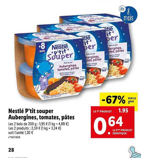 ptit souper aubergines tomates pâtes nestlé -67% sur le 2e