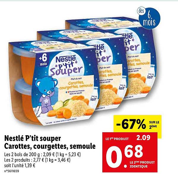 ptit souper carottes courgettes semoule nestlé -67% sur le 2e