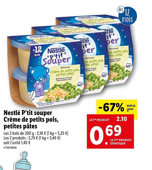 ptit souper crème de petit pois petites pâtes nestlé -67% sur le 2e