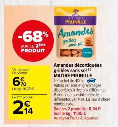 amandes décortiquées grillées sans sel maitre prunille