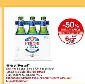 bière peroni -50% sur le 2ème article immédiatement