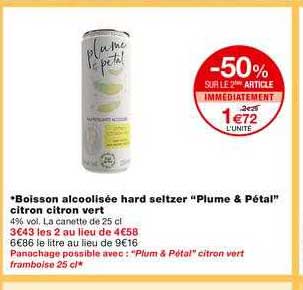 boisson alcoolisée hard seltzer plume & pétal citron citron vert -50% sur le 2ème article immédiatement