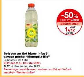 boisson au thé blanc infusé saveur pêche monopirx bio -50% sur le 2ème article immédiatement
