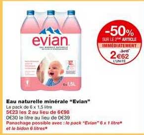 eau naturelle minérale evian -50% sur le 2ème article immédiatement