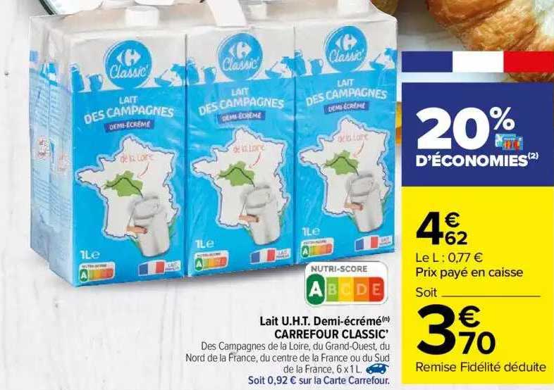 Lait Uht Demi-écrémé Carrefour Classic