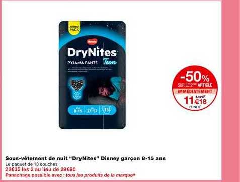 sous-vêtement de nuit "drynites" disney garçon 8-15 ans
