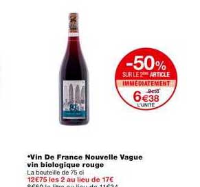 vin de france nouvelle vague vin biologique rouge -50% sur le 2ème article immédiatement