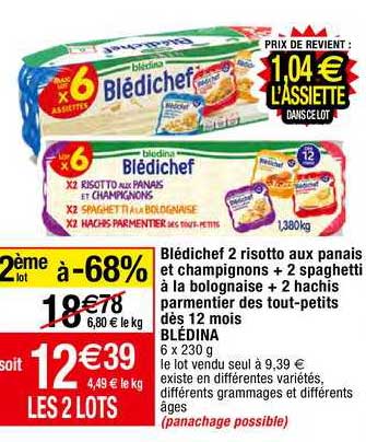 blédichef 2 risotto aux panais et champignons + 2 spaghetti à la bolognaise + 2 hachis parmentier des tout-petits dès 12 mois blèdina