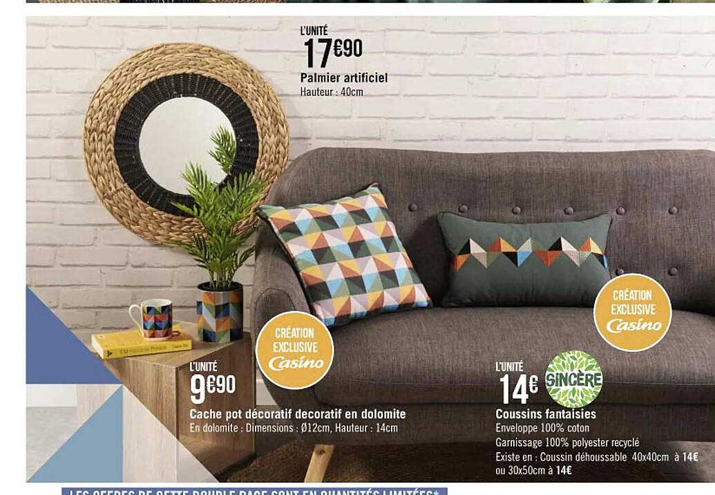 palmier artificiel, coussins fantaisies sincère
