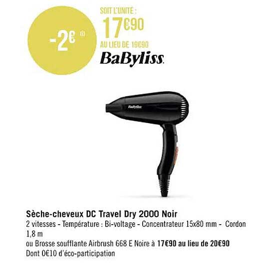 sèche-cheveux dc travel dry 2000 noir babyliss
