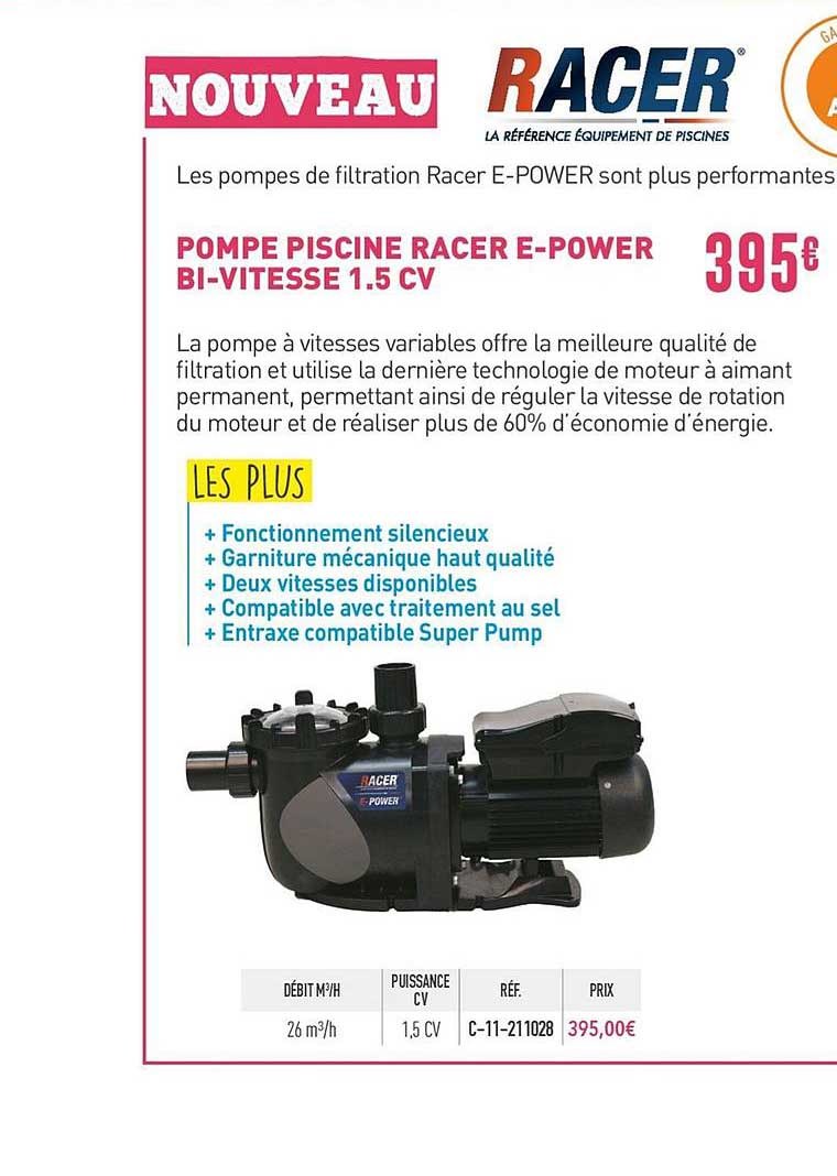 pompe piscine racer e power bi vitesse 1.5 cv