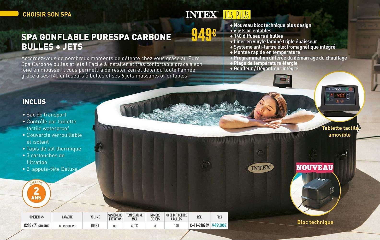 spa gonflable purespa carbone bulles + jets intex