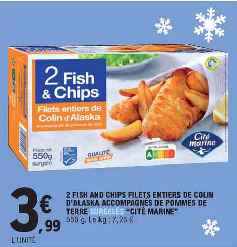 2 fish and chips filets entiers de colin d'alaska accompagnés de pommes de terre surgelés "cité marine"