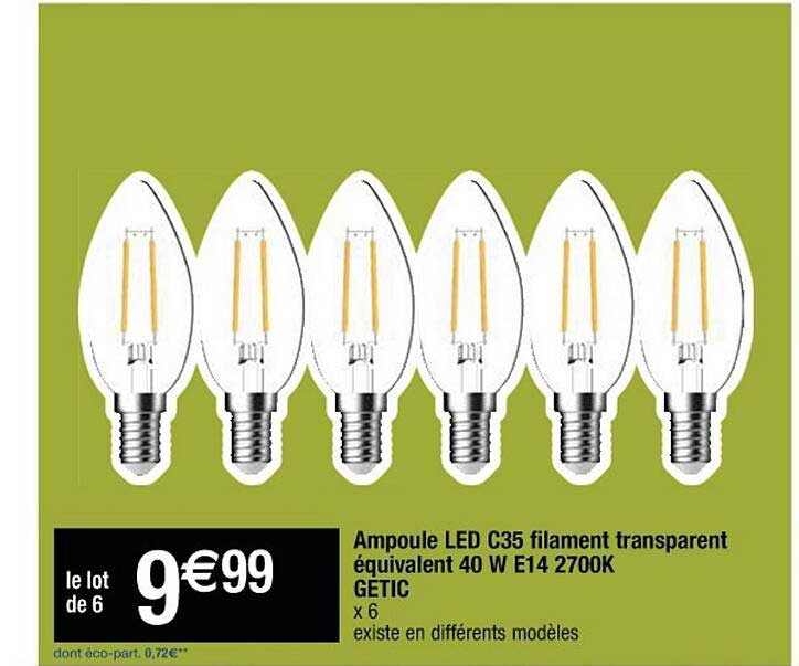 ampoule led c35 filament transparent équivalent 40 w e14 2700k gétic