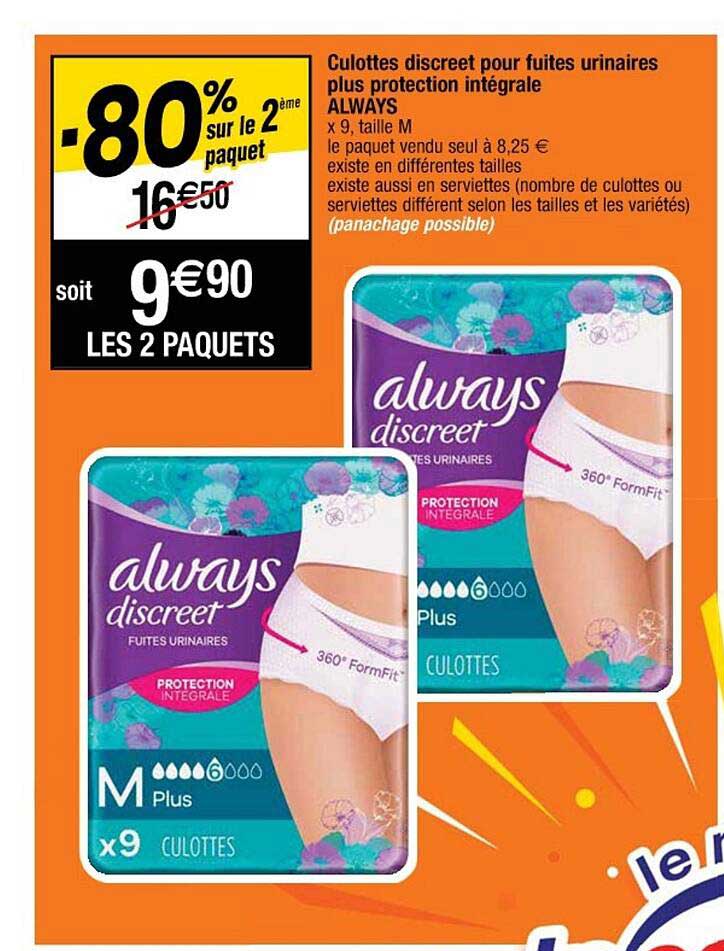 culottes discreet pour fuites urinaires plus protection intégrale always