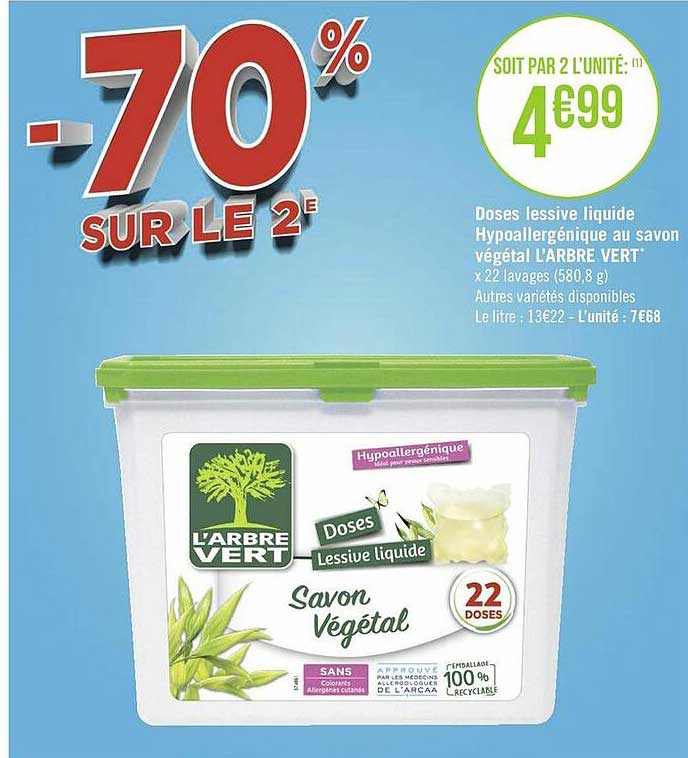 Doses Lessive Liquide Hypoallergénique Au Savon Végétal L'arbre Vert'