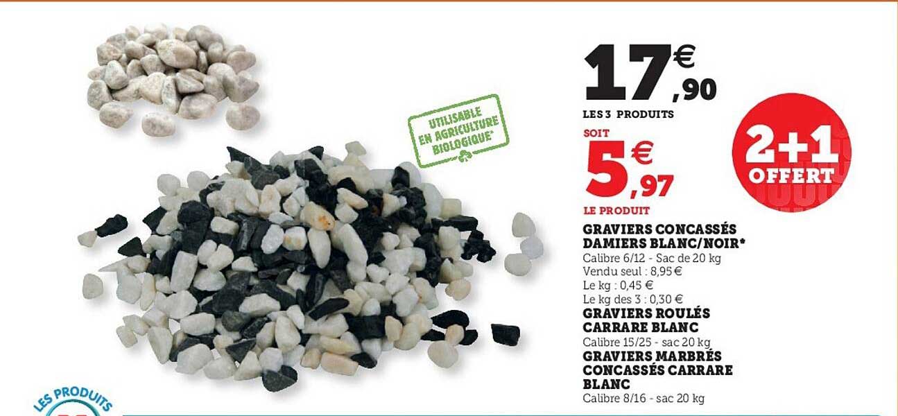 graviers concassés damiers blanc noir graviers roulés carrare blanc graviers marbrés concassés carrare blanc 2+1 offert