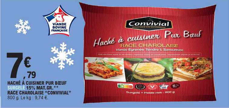 haché à cuisiner pur boeuf surgelé 15% mat. gr. ** race charolaise "convivial"