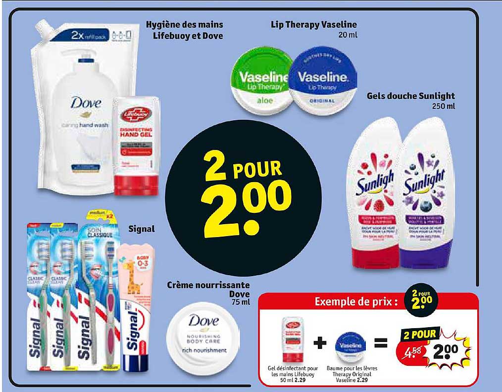 hygiène des mains lifebuoy et dove, lip therapy vaseline, gels douche sunlight, signal, crème nourrissante dove