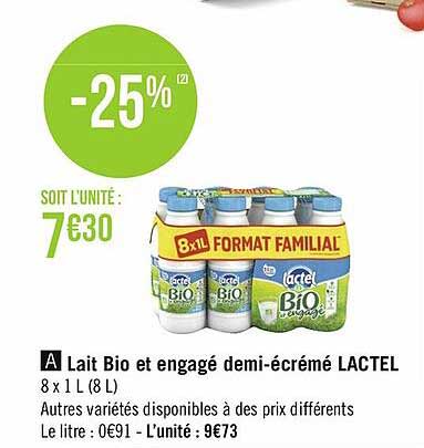 lait bio et engagé demi-écrémé lactel