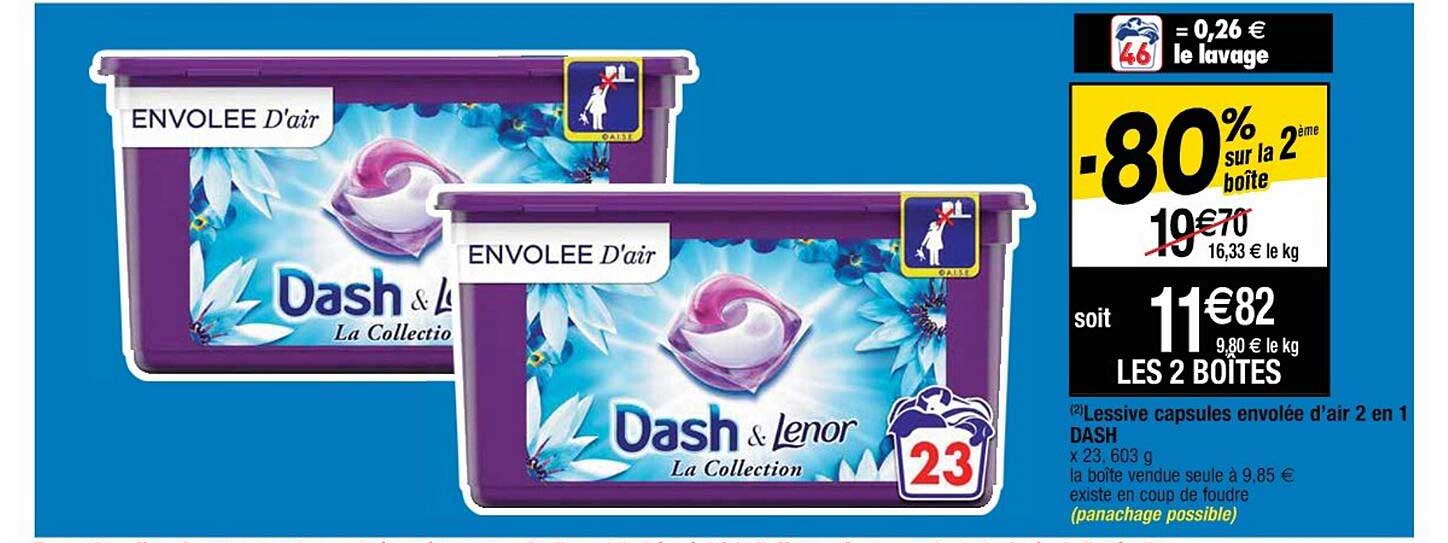lessive capsules envolée d'air 2 en 1 dash