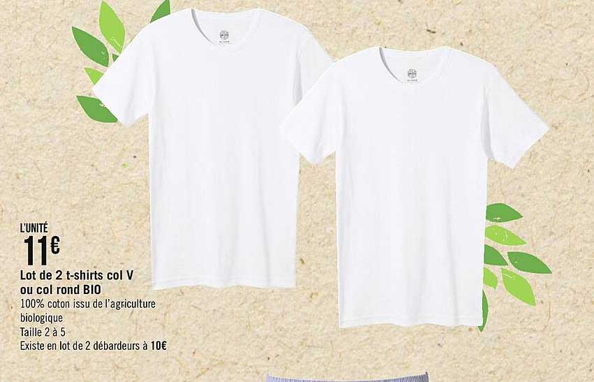 lot de 2 t-shirts col v ou col rond bio