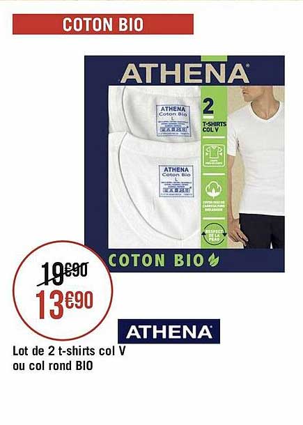 lot de 2 t-shirts col v ou col rond bio athena