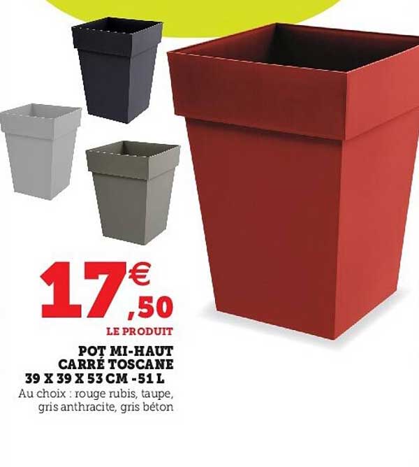 pot mi-haut carré toscane 39 x 39 x 53 cm - 51 l