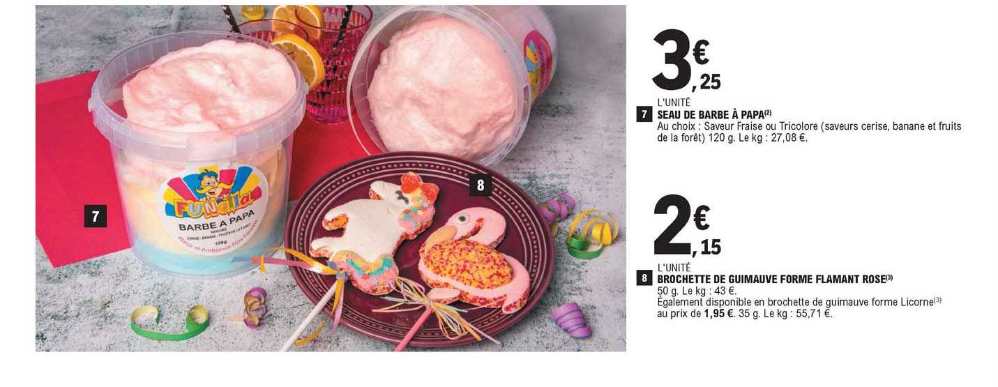 seau de barbe à papa, brochette de guimauve forme flamant rose