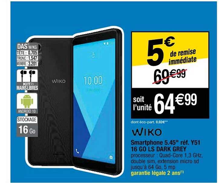 smartphone 5.45" réf. y51 16go ls dark grey wiko