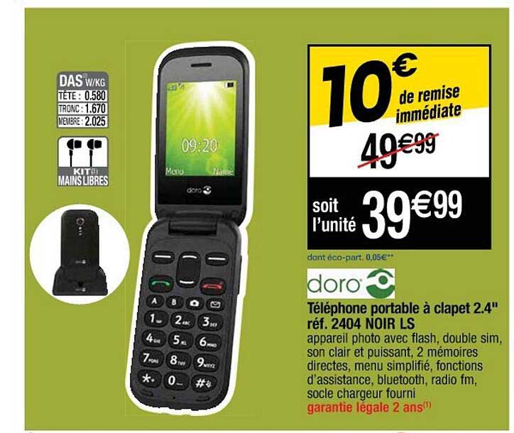 téléphone portable à clapet 2.4" réf. 2404 noir ls doro
