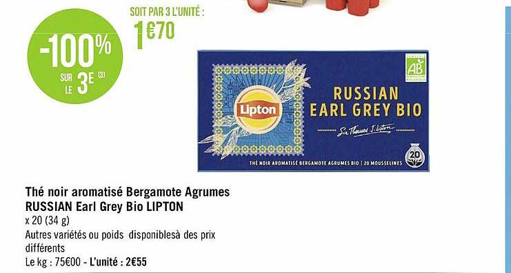 thé noir aromatisé bergamote agrumes russian earl grey bio lipton
