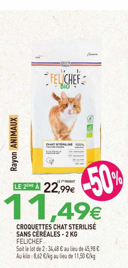 Croquettes Chat Stérilisé Sans Céréales Felichef - 2 Kg