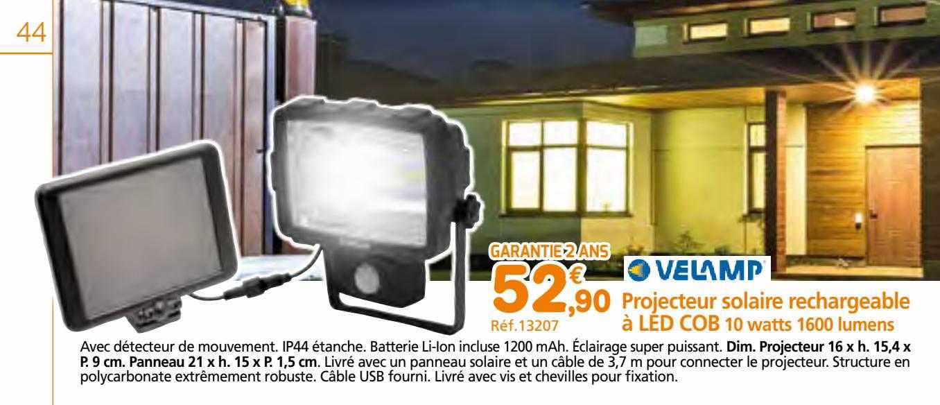 projecteur solaire rechargeable à led cob 10 watts 1600 lumens