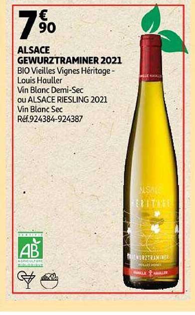 alsace gewurztraminer 2021 bio vieilles vignes héritage-louis hauller vin blanc demi-sec ou alsace riesling 2021 vin blanc sec