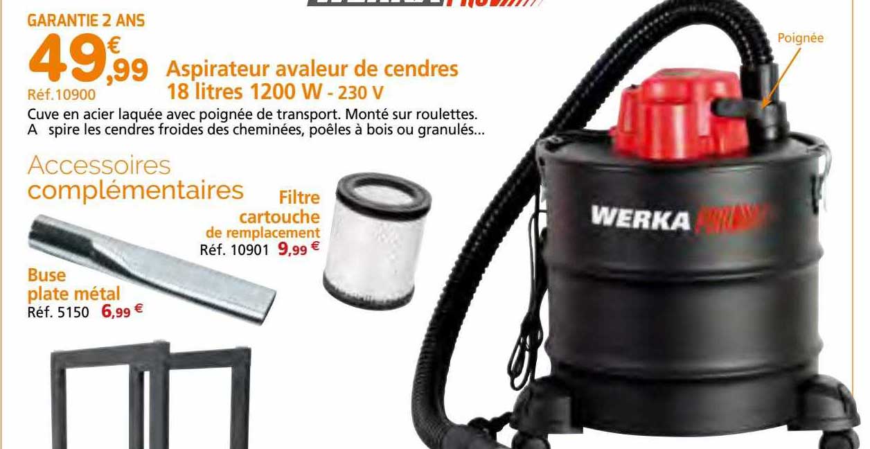 aspirateur avaleur de cendres 18 litres 1200 w - 230 v werka pro