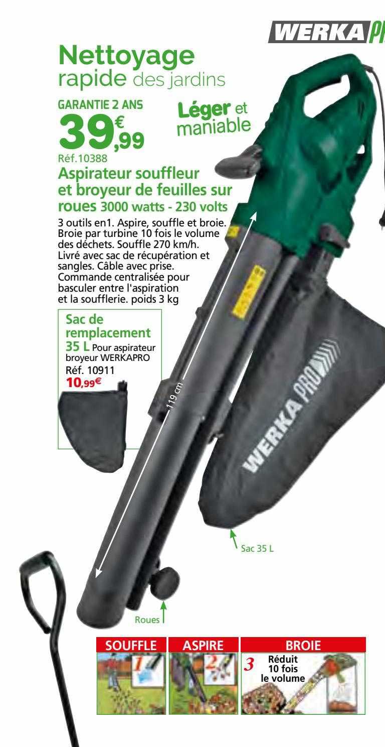 aspirateur souffleur et broyeur de feuilles sur roues 3000 watts - 230 volts werka pro