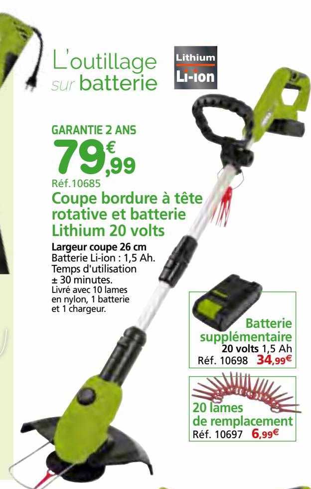 coupe bordure  à tête rotative et batterie lithium 20 volts