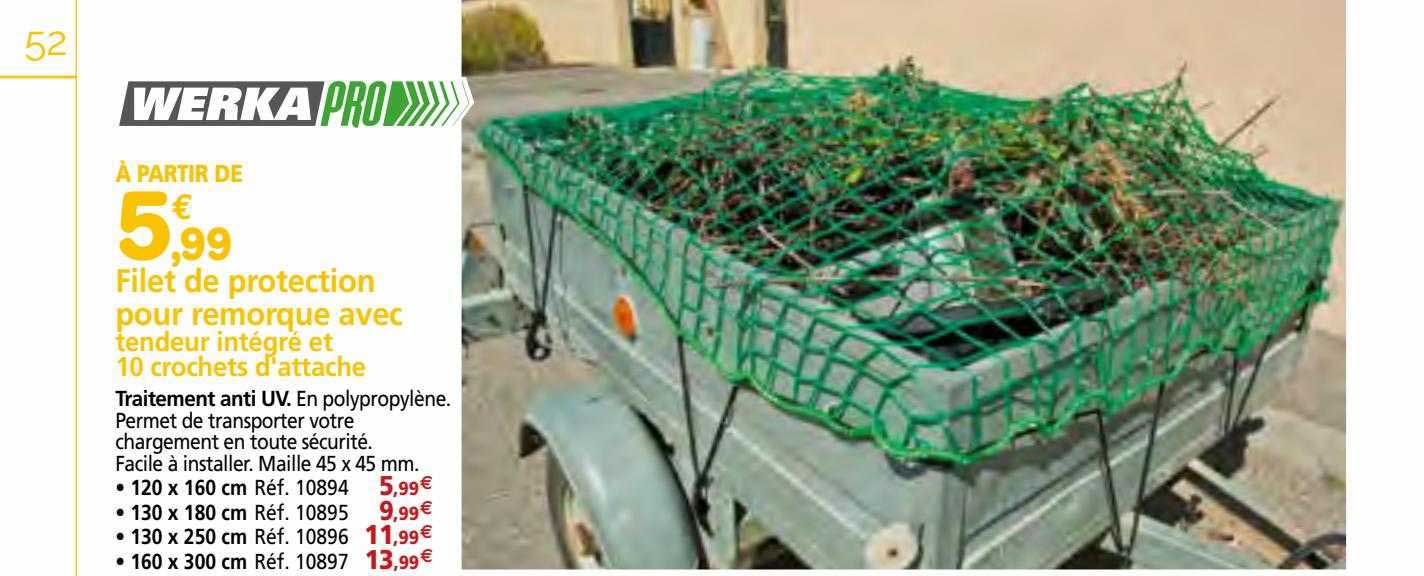 filet de protection pour remorque avec tendeur intégré et 10 crochets d'attache werka pro