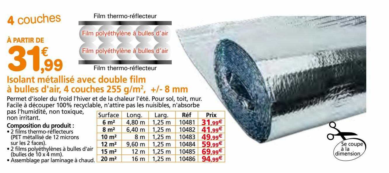 isolant métallisé avec double film à bulles d'air, 4 couches
