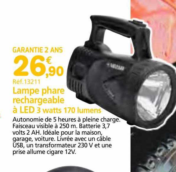 lampe phare rechargeable à led 3 watts 170 lumens