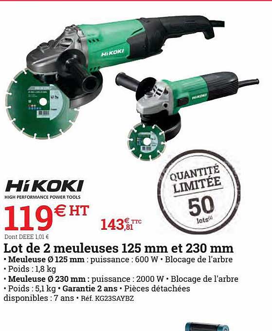 lot de 2 meuleuses 125 mm et 230 mm hikoki
