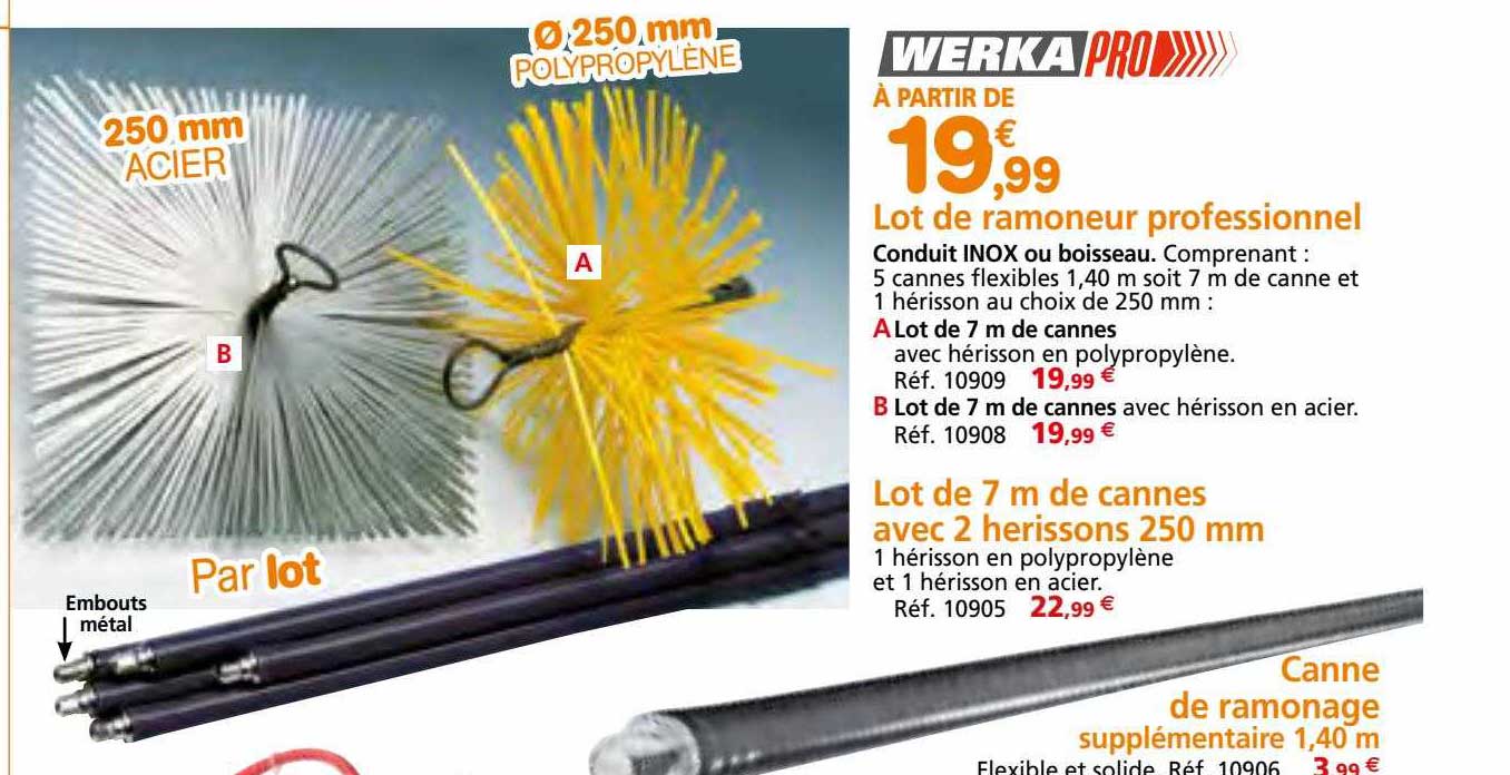 lot de ramoneur professionnel werka pro, lot de 7 m de cannes avec 2 herissons 250 mm, canne de ramonage supplémentaire 1,40 m