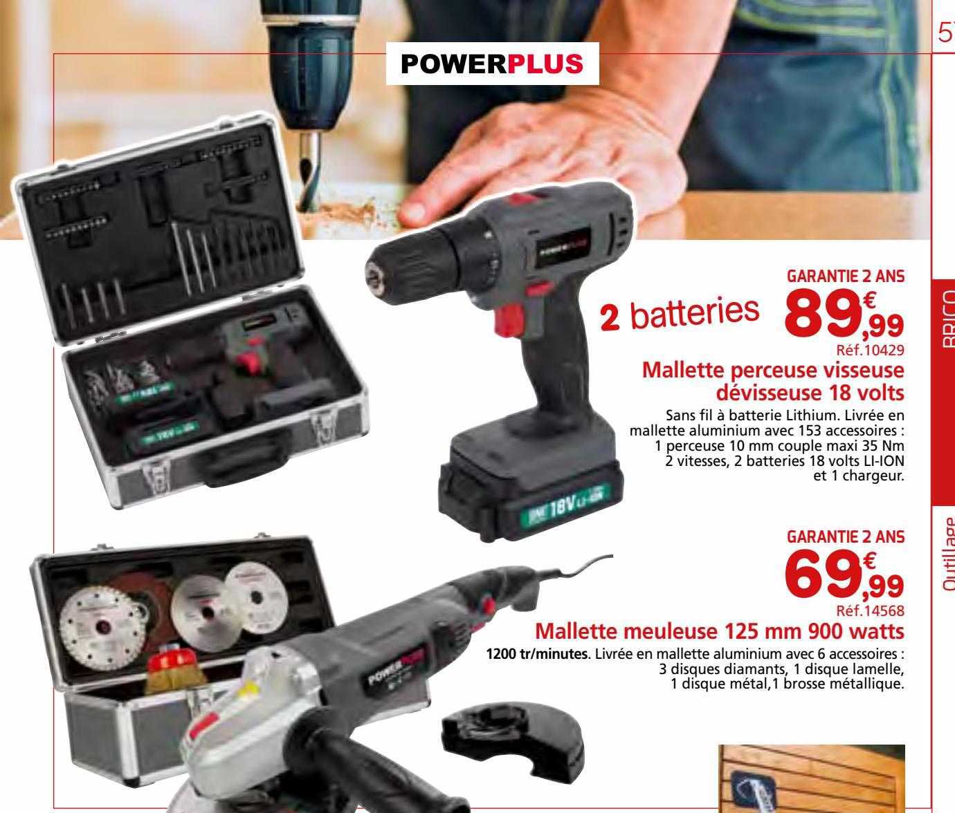 mallette perceuse visseuse dévisseuse 18 volts powerplus, mallette meuleuse 125 mm 900 watts powerplus