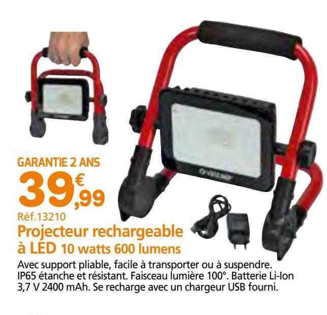 projecteur rechargeable à led 10 watts 600 lumens