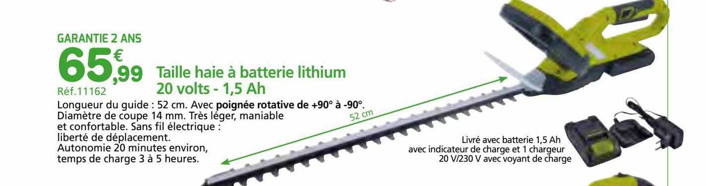 taille haie à batterie lithium 20 volts - 1,5 ah